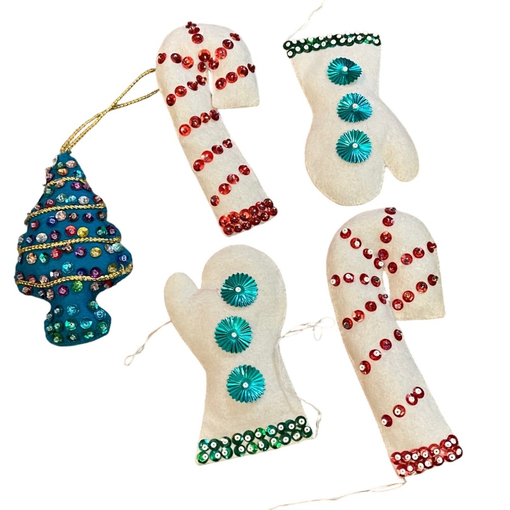 Vintage Sequin Ornaments Lot Christmas Tree Candy Cane Mitten Handmade‎